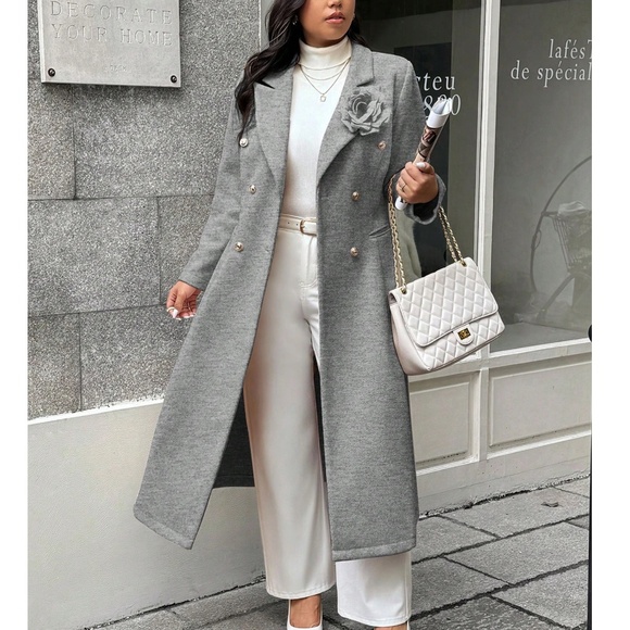 Classic Solid Double Button Floral Appliqué Mid Length Jacket Coat - Picture 1 of 13